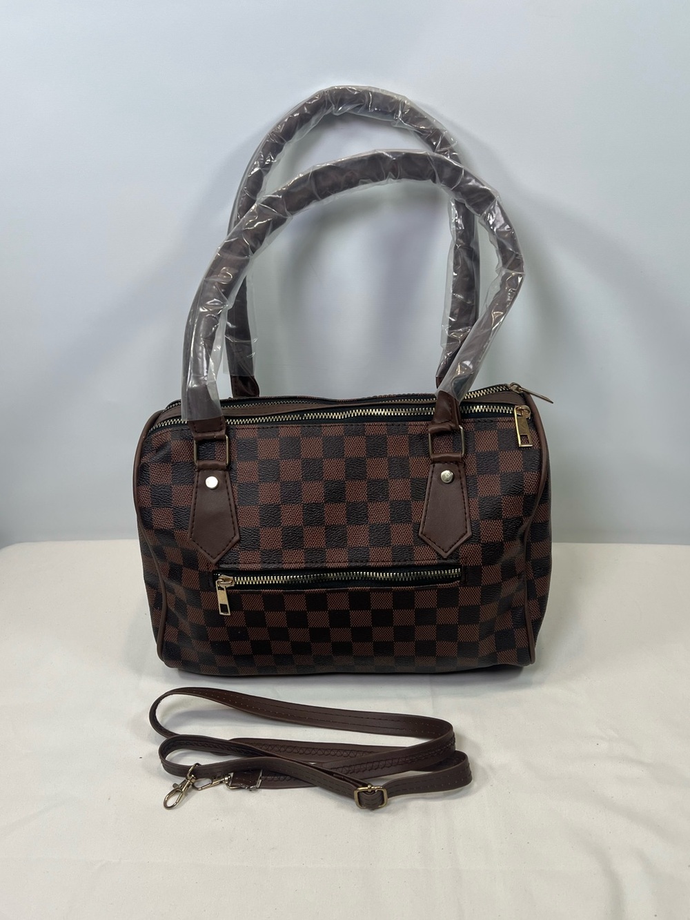 Brown Monogram Style Satchel Purse Gold Tone Hardware Fashion Handbag Flaw
